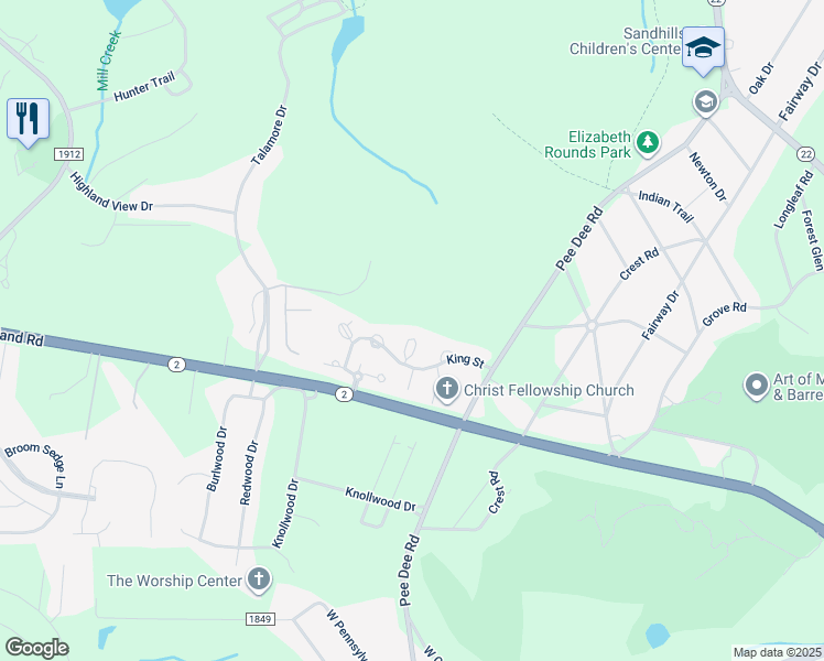 map of restaurants, bars, coffee shops, grocery stores, and more near Manigault Place in Southern Pines