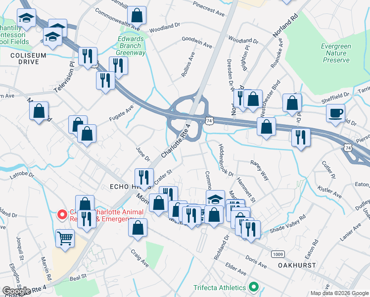 map of restaurants, bars, coffee shops, grocery stores, and more near 600-690 Crater Street in Charlotte