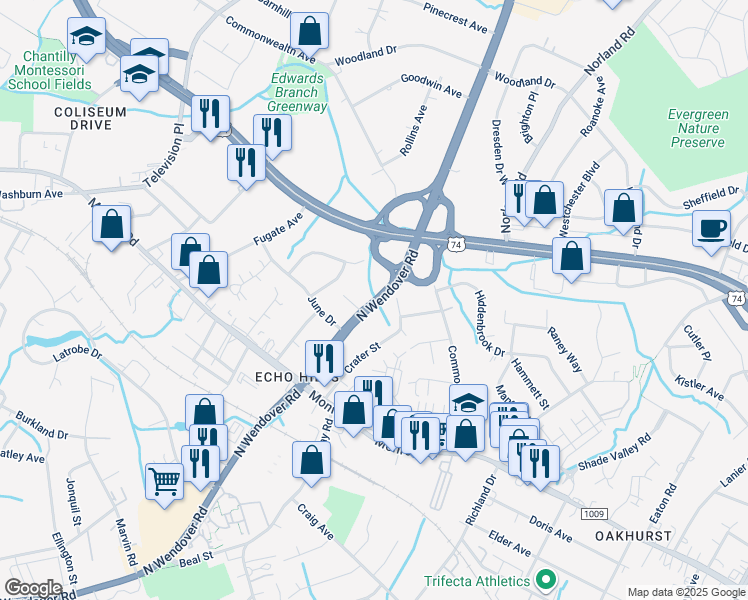 map of restaurants, bars, coffee shops, grocery stores, and more near 1705 North Wendover Road in Charlotte
