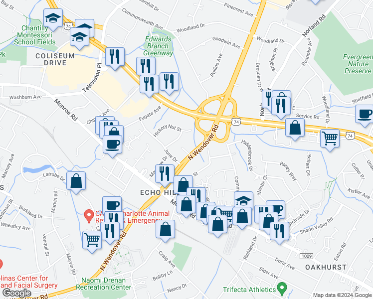 map of restaurants, bars, coffee shops, grocery stores, and more near 1705 North Wendover Road in Charlotte