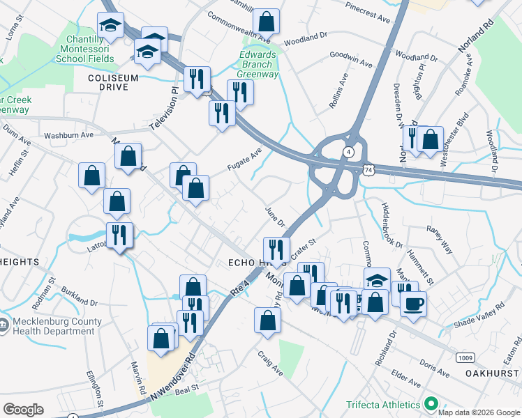 map of restaurants, bars, coffee shops, grocery stores, and more near 651 Mayview Drive in Charlotte