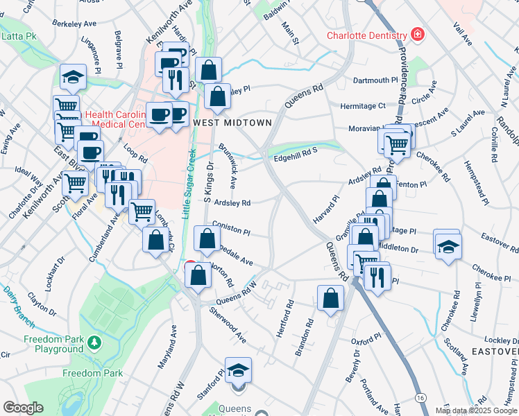 map of restaurants, bars, coffee shops, grocery stores, and more near 2119 Coniston Place in Charlotte
