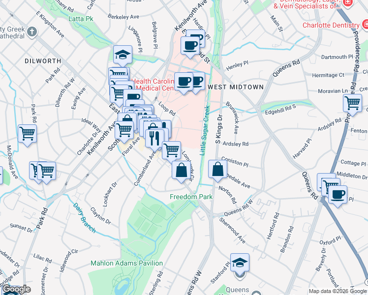 map of restaurants, bars, coffee shops, grocery stores, and more near in Charlotte