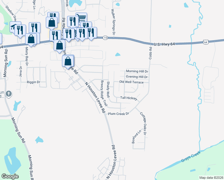 map of restaurants, bars, coffee shops, grocery stores, and more near 2694 Long Shadow Lane in Memphis