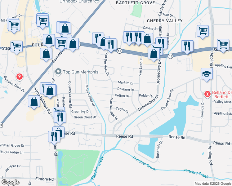 map of restaurants, bars, coffee shops, grocery stores, and more near 7070 Texel Cove in Memphis