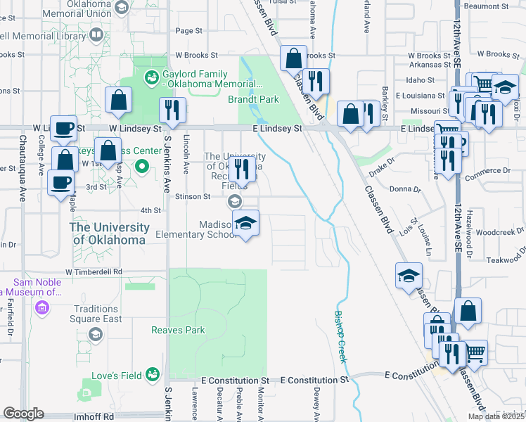map of restaurants, bars, coffee shops, grocery stores, and more near 501 Fleetwood Drive in Norman