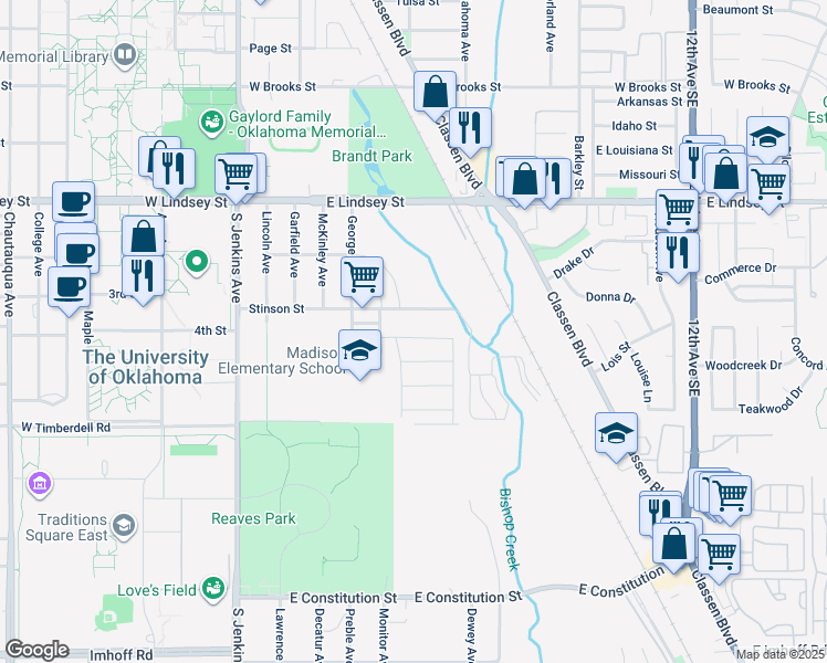 map of restaurants, bars, coffee shops, grocery stores, and more near 513 Fleetwood Drive in Norman