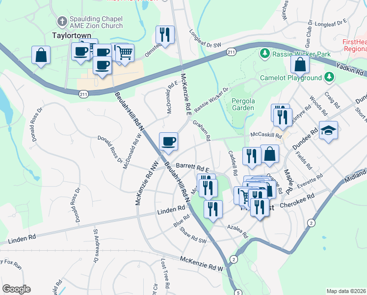map of restaurants, bars, coffee shops, grocery stores, and more near 15 Barrett Road East in Pinehurst