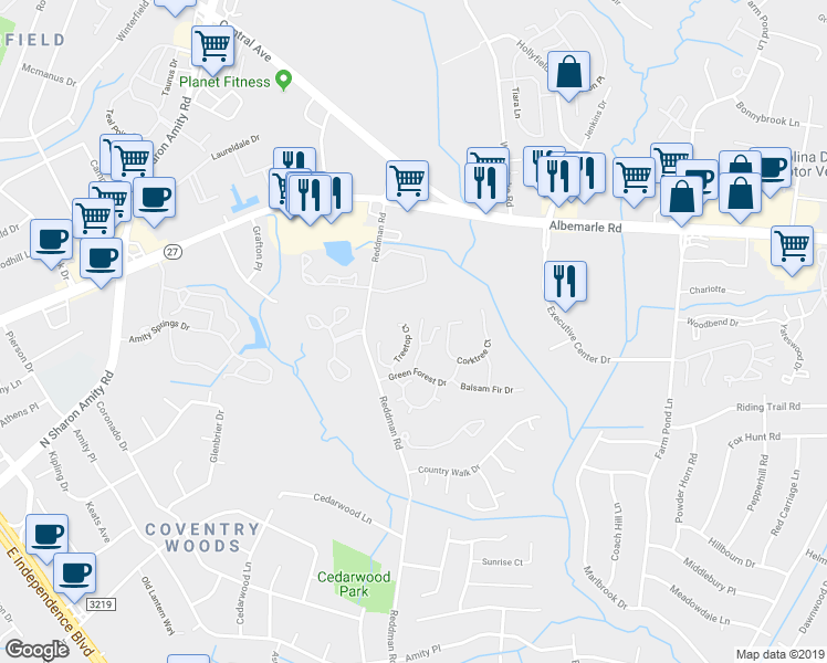 map of restaurants, bars, coffee shops, grocery stores, and more near 6023 Treetop Court in Charlotte