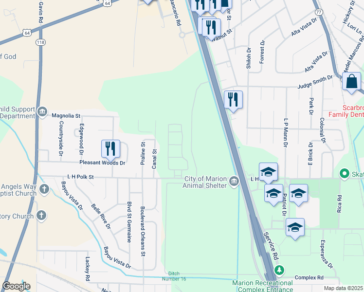 map of restaurants, bars, coffee shops, grocery stores, and more near East Brinkley Loop in Marion