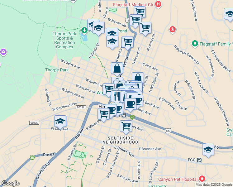 map of restaurants, bars, coffee shops, grocery stores, and more near 213 North Beaver Street in Flagstaff