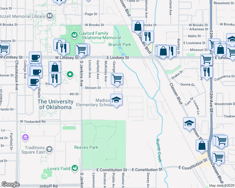 map of restaurants, bars, coffee shops, grocery stores, and more near 1420 George Avenue in Norman