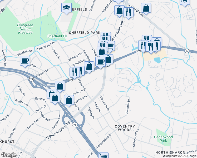map of restaurants, bars, coffee shops, grocery stores, and more near 3024 Amity Garden Court in Charlotte