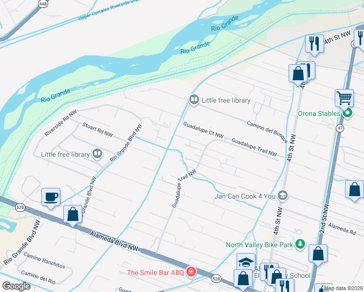 map of restaurants, bars, coffee shops, grocery stores, and more near 10031 Guadalupe Trail Northwest in Albuquerque