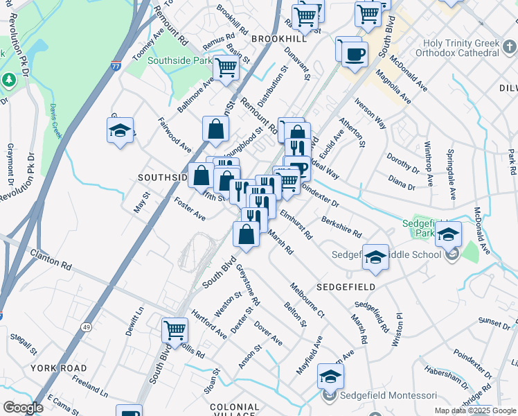 map of restaurants, bars, coffee shops, grocery stores, and more near in Charlotte