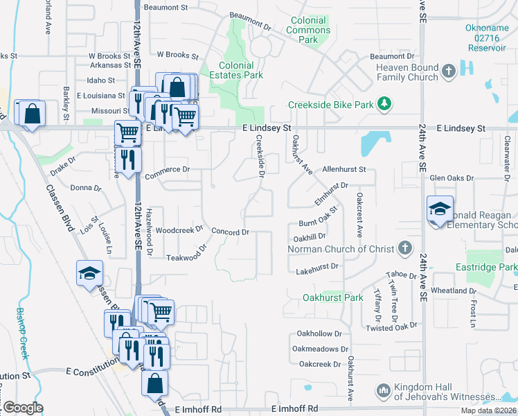 map of restaurants, bars, coffee shops, grocery stores, and more near 1500 Tree Line Drive in Norman