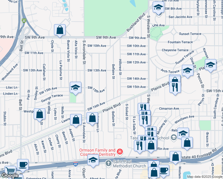 map of restaurants, bars, coffee shops, grocery stores, and more near 1317 Bellaire Street in Amarillo