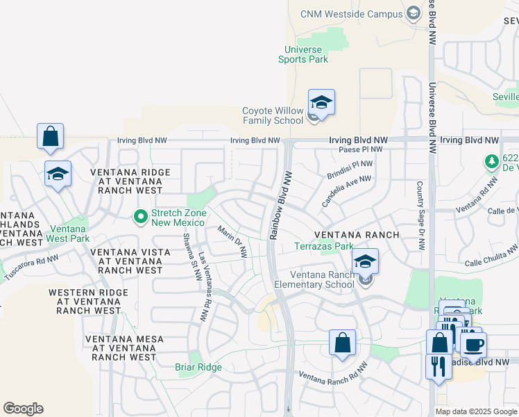 map of restaurants, bars, coffee shops, grocery stores, and more near 7323 Cripple Creek Road Northwest in Albuquerque