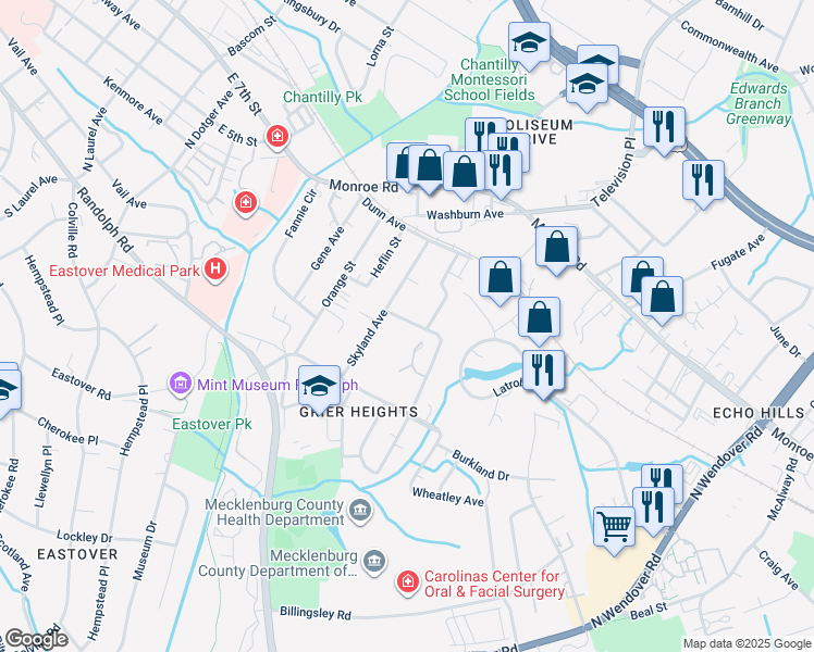map of restaurants, bars, coffee shops, grocery stores, and more near 342 Skyland Avenue in Charlotte