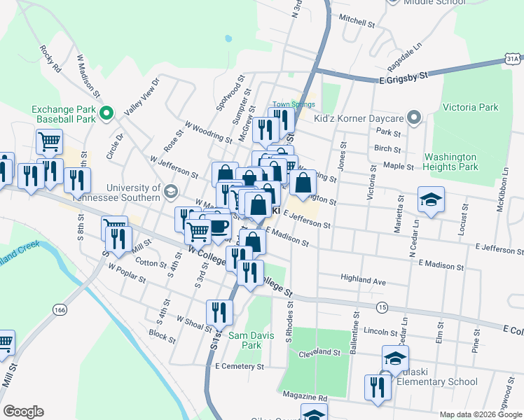 map of restaurants, bars, coffee shops, grocery stores, and more near in Pulaski