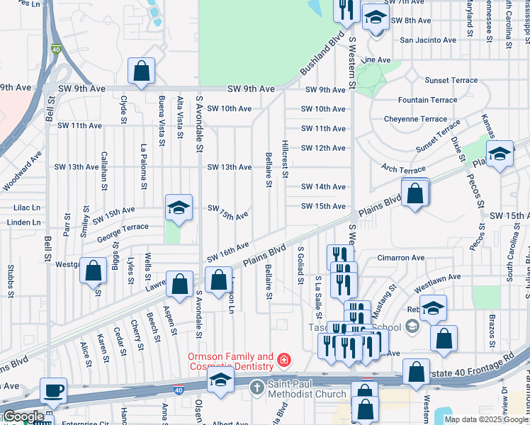 map of restaurants, bars, coffee shops, grocery stores, and more near 1317 Bellaire Street in Amarillo
