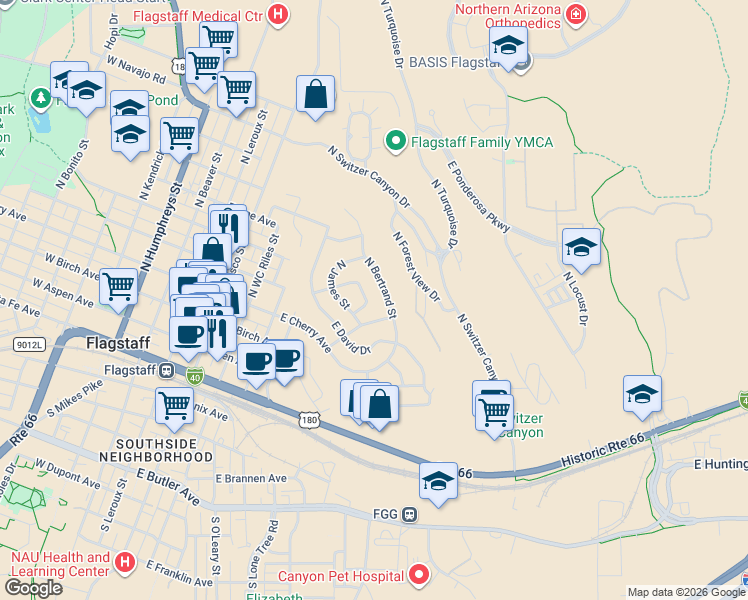 map of restaurants, bars, coffee shops, grocery stores, and more near 535 North Bertrand Street in Flagstaff
