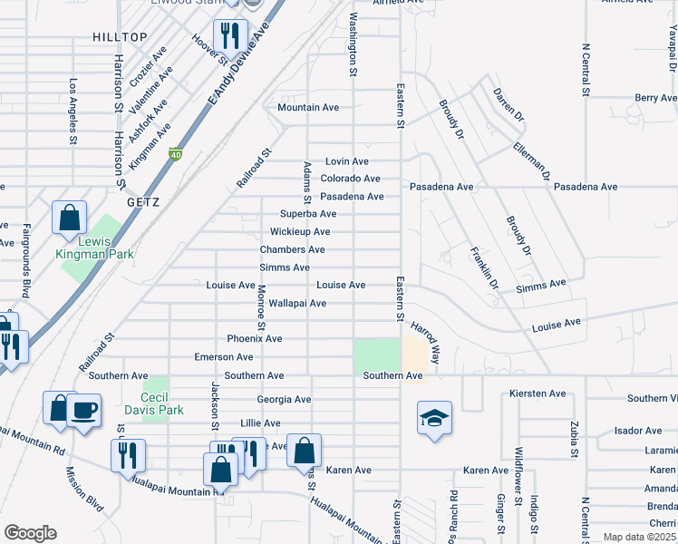 map of restaurants, bars, coffee shops, grocery stores, and more near 2736 Simms Avenue in Kingman