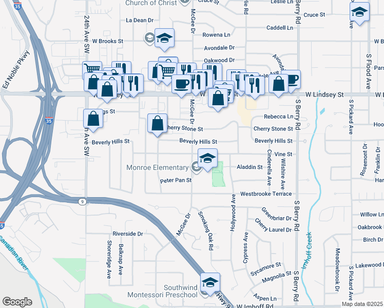 map of restaurants, bars, coffee shops, grocery stores, and more near Vine Street in Norman