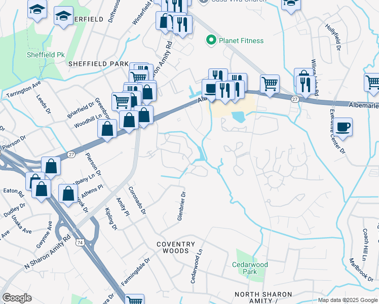 map of restaurants, bars, coffee shops, grocery stores, and more near 3130 Fair Grove Lane in Charlotte