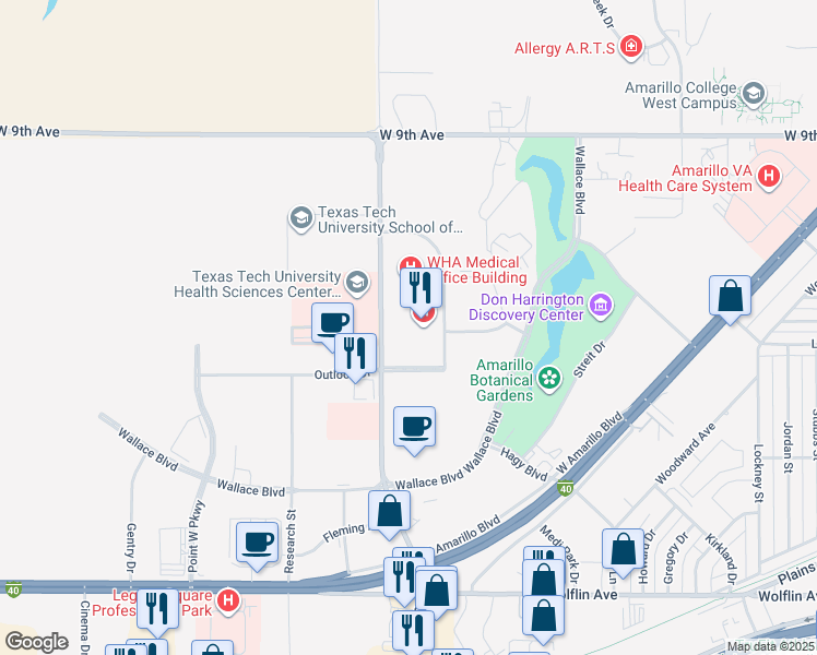 map of restaurants, bars, coffee shops, grocery stores, and more near 1501 Coulter Street in Amarillo