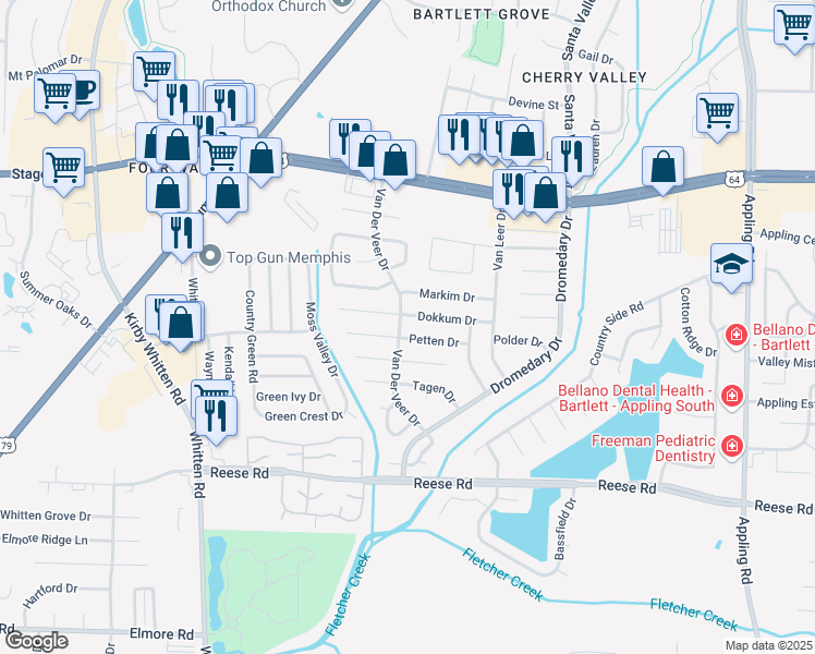 map of restaurants, bars, coffee shops, grocery stores, and more near 2724 Van Der Veer Drive in Memphis