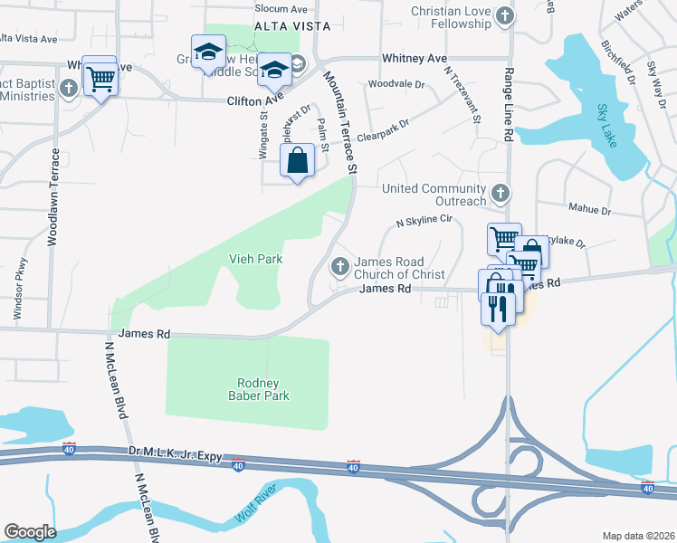map of restaurants, bars, coffee shops, grocery stores, and more near 2400 James Road in Memphis