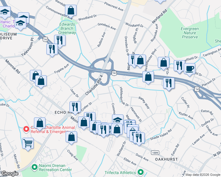 map of restaurants, bars, coffee shops, grocery stores, and more near 4001 Commonwealth Avenue in Charlotte