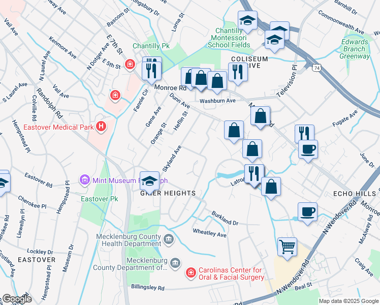 map of restaurants, bars, coffee shops, grocery stores, and more near 342 Skyland Avenue in Charlotte