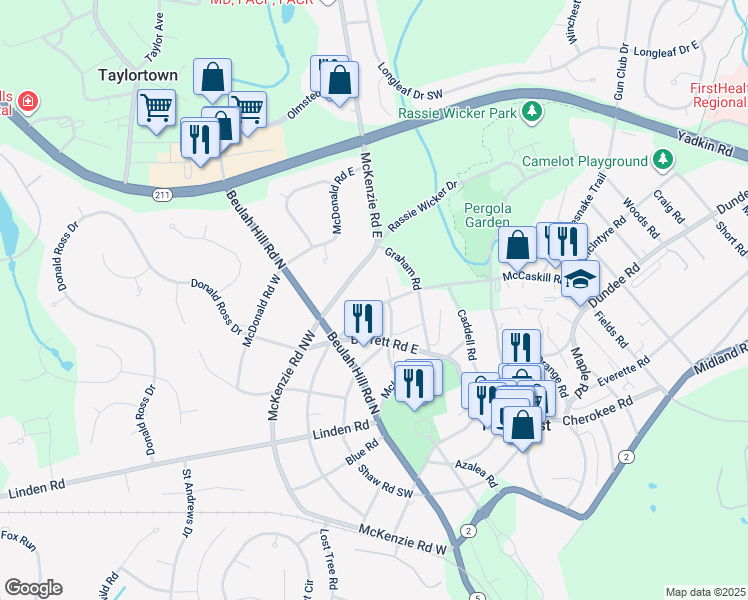 map of restaurants, bars, coffee shops, grocery stores, and more near 65 McCaskill Road West in Pinehurst
