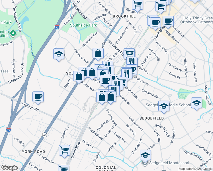 map of restaurants, bars, coffee shops, grocery stores, and more near 2915 Griffith Street in Charlotte