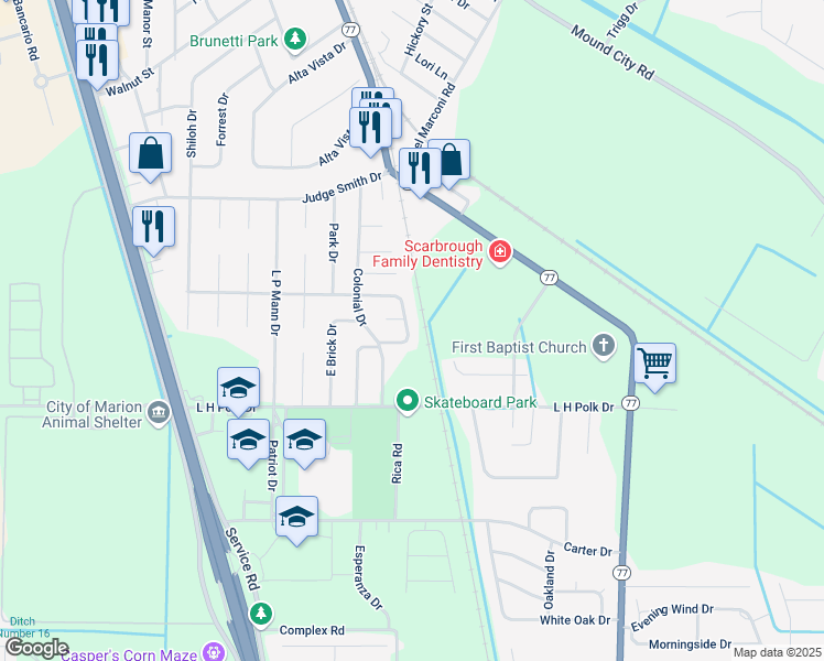 map of restaurants, bars, coffee shops, grocery stores, and more near 125 Meadowbrook Circle in Marion