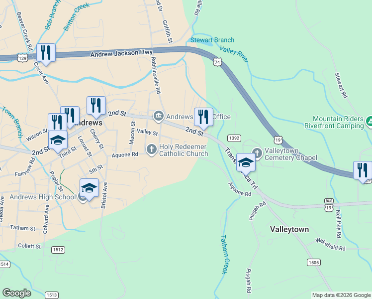 map of restaurants, bars, coffee shops, grocery stores, and more near 234 Valley Street in Andrews