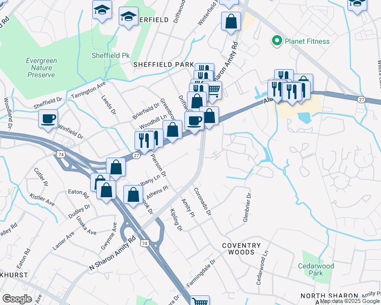 map of restaurants, bars, coffee shops, grocery stores, and more near 3061 North Sharon Amity Road in Charlotte