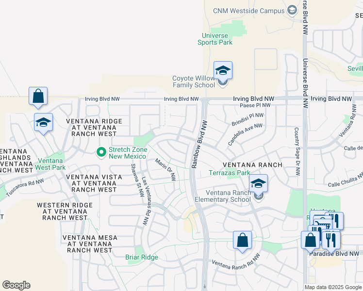 map of restaurants, bars, coffee shops, grocery stores, and more near 7312 Cripple Creek Road Northwest in Albuquerque