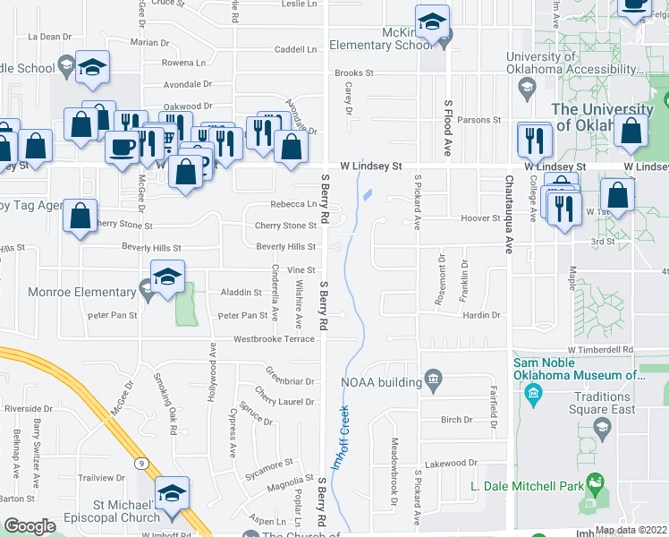 map of restaurants, bars, coffee shops, grocery stores, and more near 1509 South Berry Road in Norman