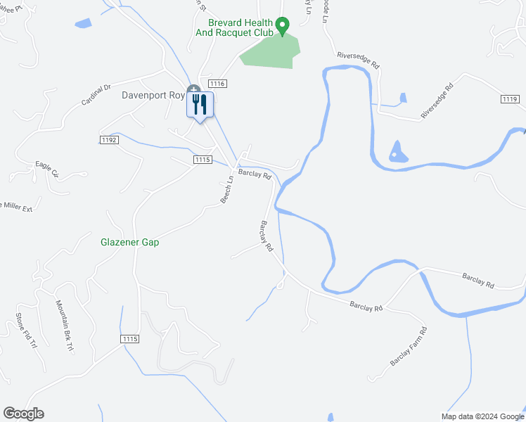 map of restaurants, bars, coffee shops, grocery stores, and more near 382 Barclay Road in Brevard