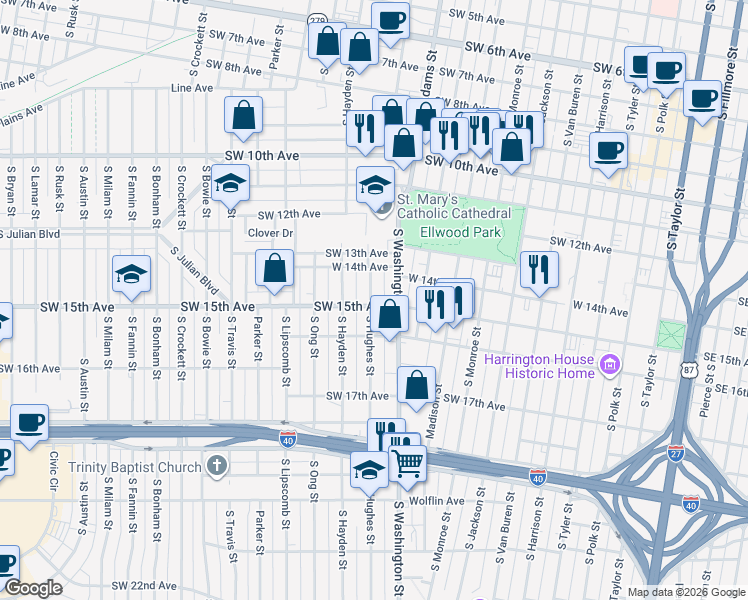 map of restaurants, bars, coffee shops, grocery stores, and more near 1408 South Hughes Street in Amarillo
