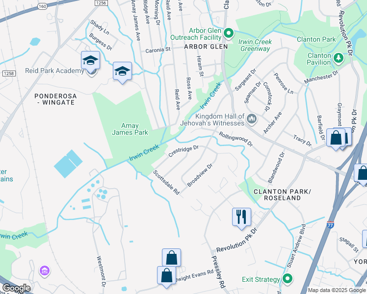 map of restaurants, bars, coffee shops, grocery stores, and more near 1423 Rollingwood Drive in Charlotte