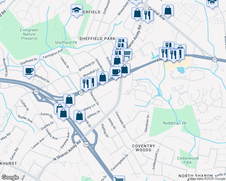 map of restaurants, bars, coffee shops, grocery stores, and more near 3061 North Sharon Amity Road in Charlotte
