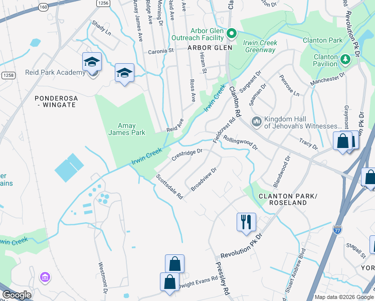 map of restaurants, bars, coffee shops, grocery stores, and more near 1423 Rollingwood Drive in Charlotte