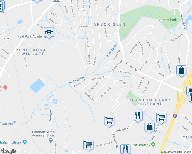 map of restaurants, bars, coffee shops, grocery stores, and more near 3920 Crestridge Drive in Charlotte