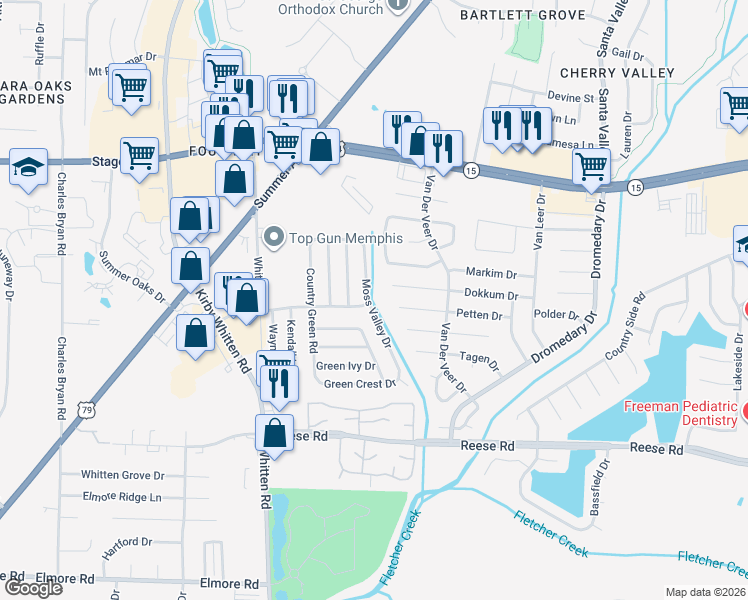 map of restaurants, bars, coffee shops, grocery stores, and more near 2748 Moss Valley Drive in Memphis
