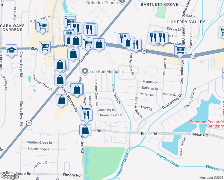 map of restaurants, bars, coffee shops, grocery stores, and more near 2748 Moss Valley Drive in Memphis