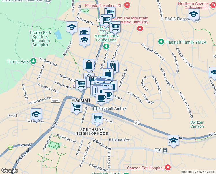 map of restaurants, bars, coffee shops, grocery stores, and more near 15 East Cherry Avenue in Flagstaff